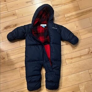 Columbia navy Blue Infant Snowsuit with Red plaid Interior